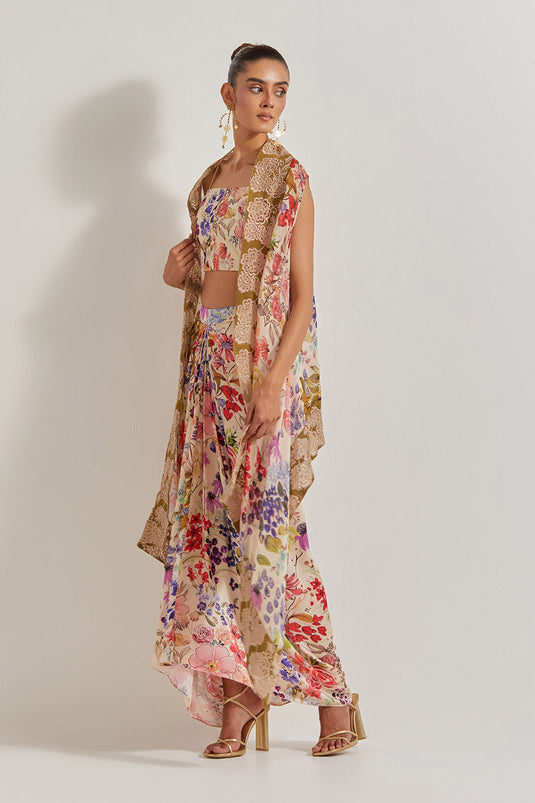 Blooming Burst Satin Cowl Skirt Paired With Stretch Bustier And Georgette Cape With Lace Border