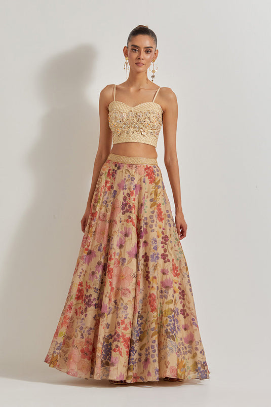 Blooming Burst Tissue Chanderi Panelled Skirt Paired With Hand Emebellished Bustier And Long Jacket