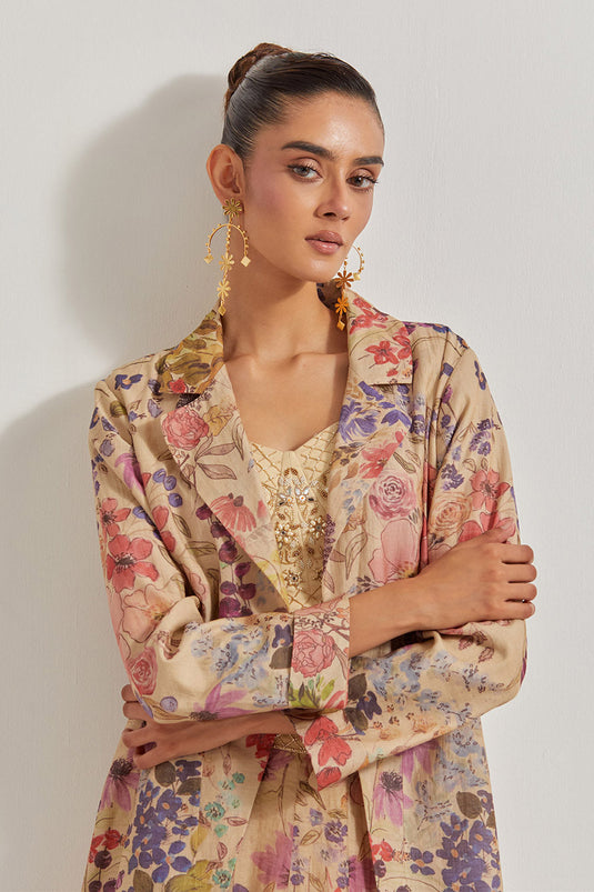 Blooming Burst Tissue Chanderi Panelled Skirt Paired With Hand Emebellished Bustier And Long Jacket