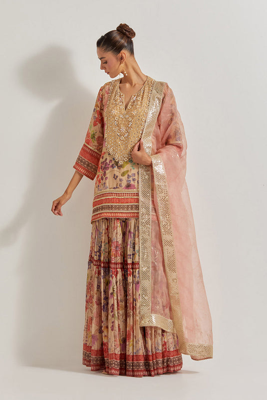 Blooming Burst Tissue Chanderi Sharara Set With Hand Embellished Neckline