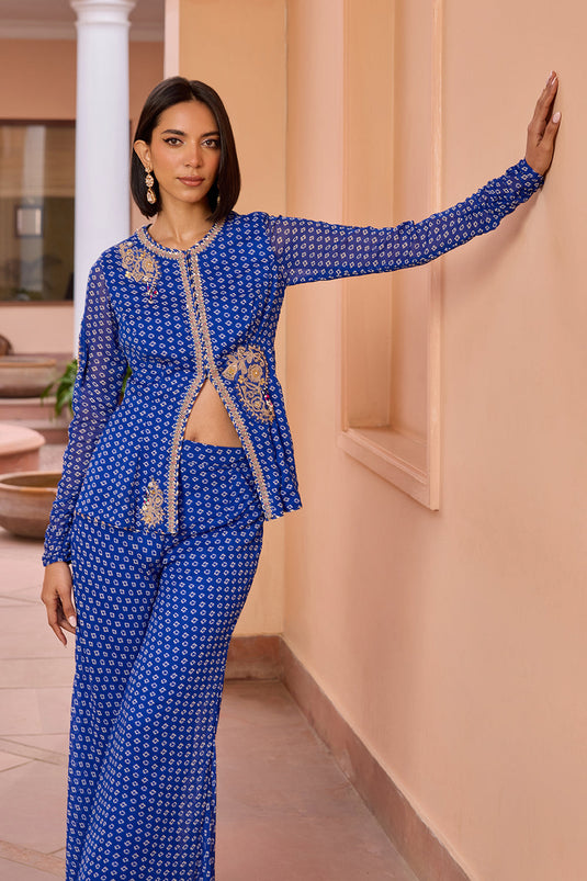 Blue bandhani embroidered sharara pant and top set