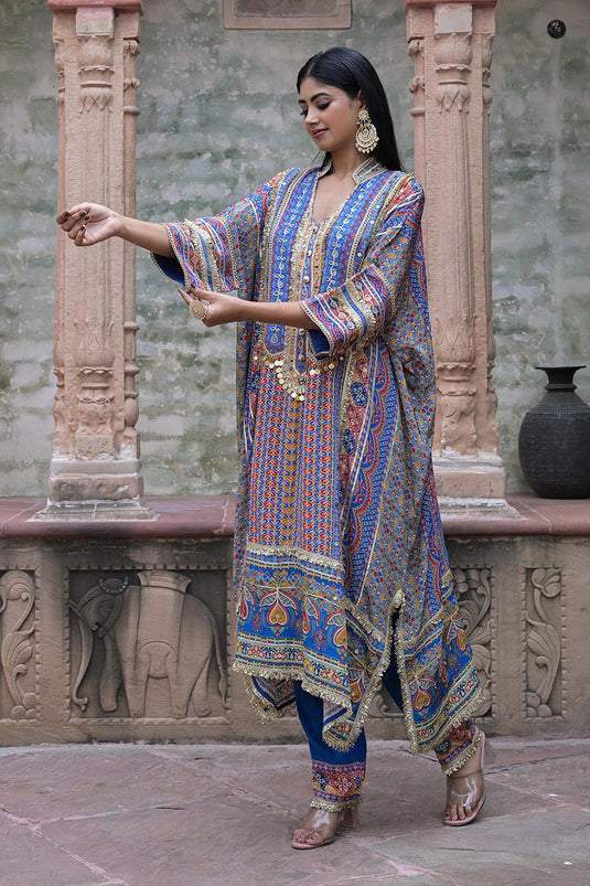 Blue Crepe Kaftan Pant Set Festive Indian Designer Wear
