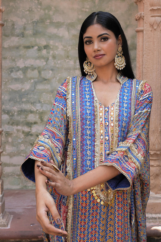 Blue Crepe Kaftan Pant Set Festive Indian Designer Wear