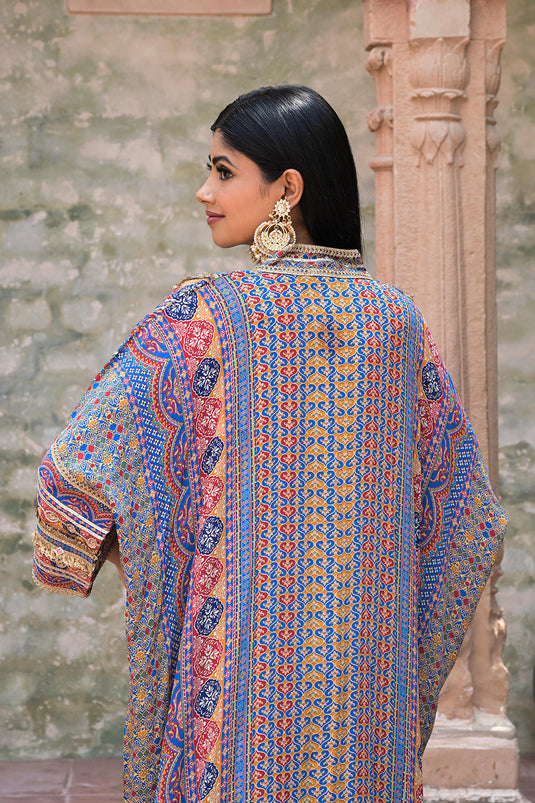 Blue Crepe Kaftan Pant Set Festive Indian Designer Wear