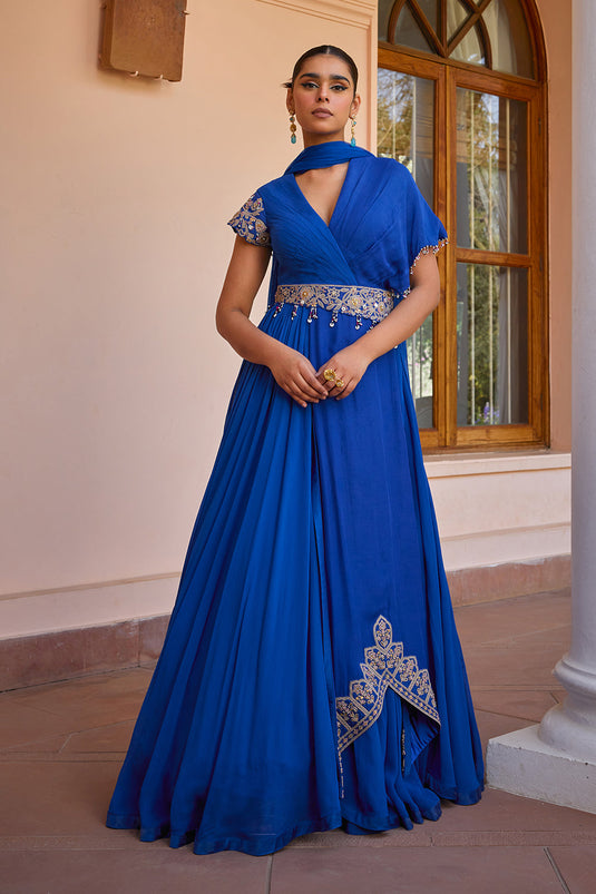 Blue embroidered and layered anarkali gown with dupatta