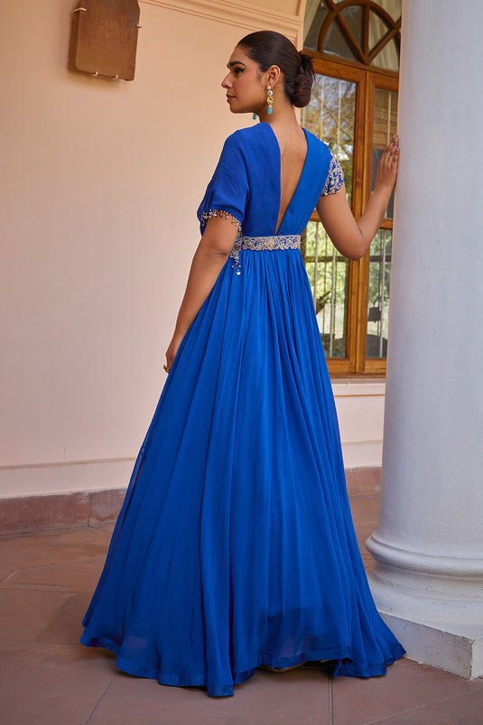 Blue embroidered and layered anarkali gown with dupatta