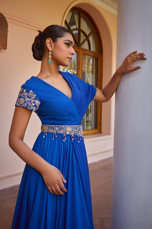 Blue embroidered and layered anarkali gown with dupatta