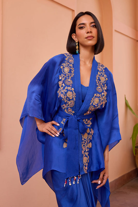 Blue embroidered kimono top with belt and bustier