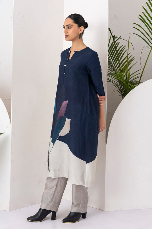Blue & Ivory Viscose Dupion Printed Tunic