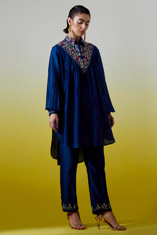 Blue Shirt with pintucks and pant
