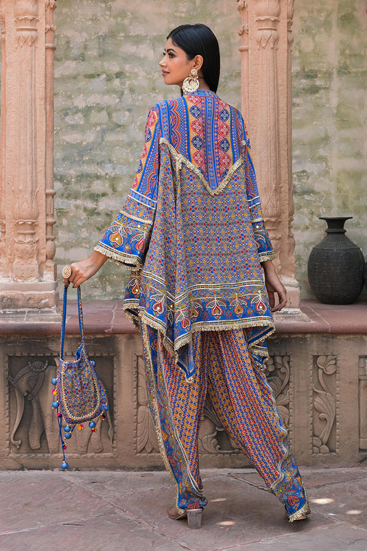 Blue Viscose Crepe Suit Set with Tulip Pants – Festive Chic