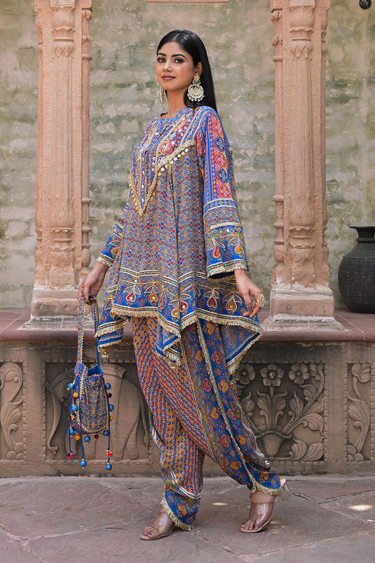 Blue Viscose Crepe Suit Set with Tulip Pants – Festive Chic