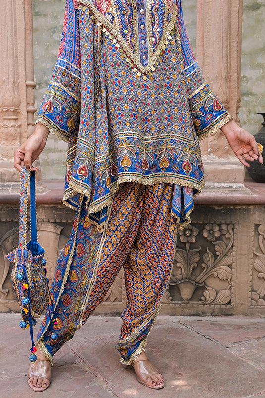 Blue Viscose Crepe Suit Set with Tulip Pants – Festive Chic