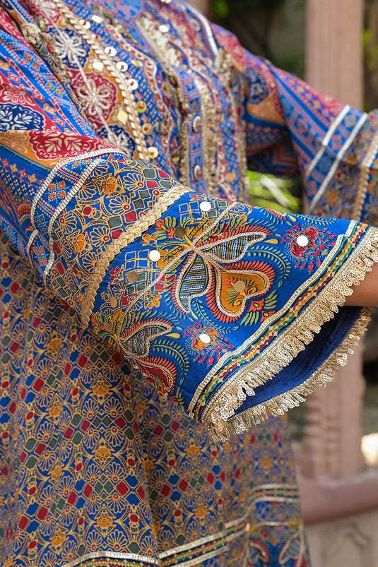 Blue Viscose Crepe Suit Set with Tulip Pants – Festive Chic