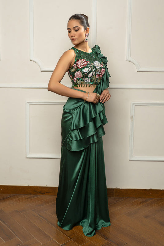 Bottle green drape saree set