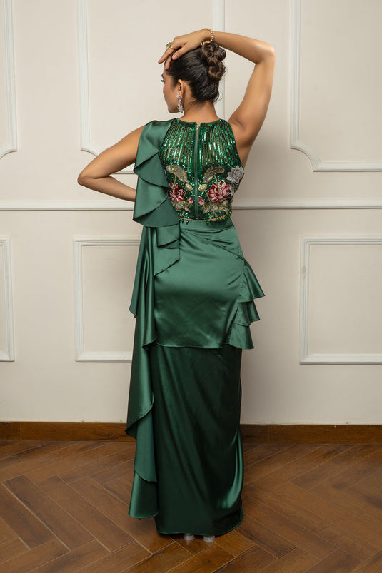 Bottle green drape saree set