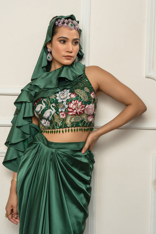 Bottle green drape saree set