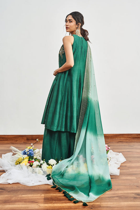 Bottle Green Kalidaar with Bottle Green X Mint Green Shaded Dupatta
