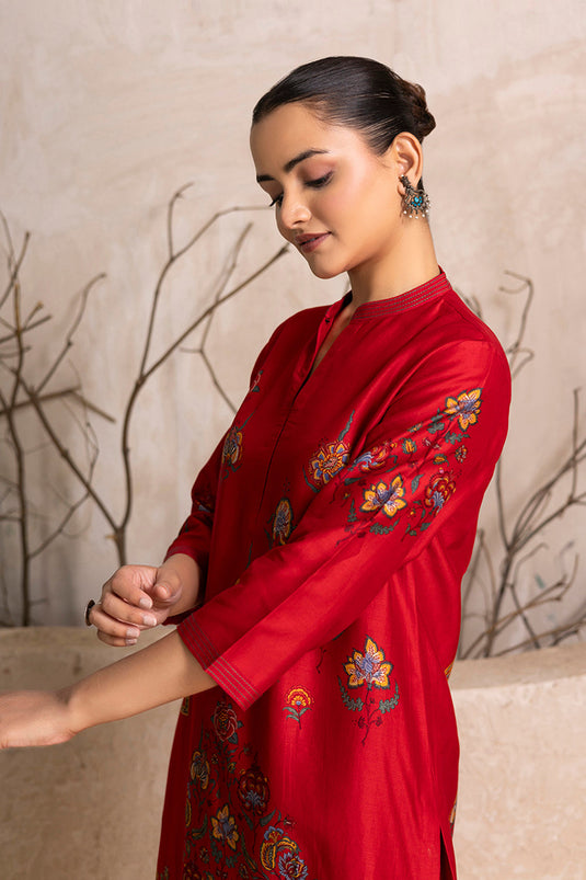 Bright Red Silk Chanderi Printed Tunic