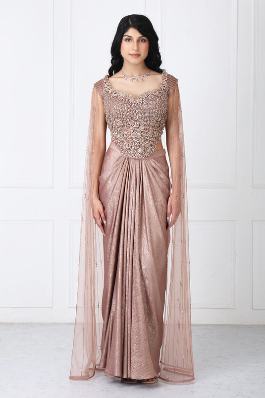Brown Tessal Embroidered Corset With Drape Skirt
