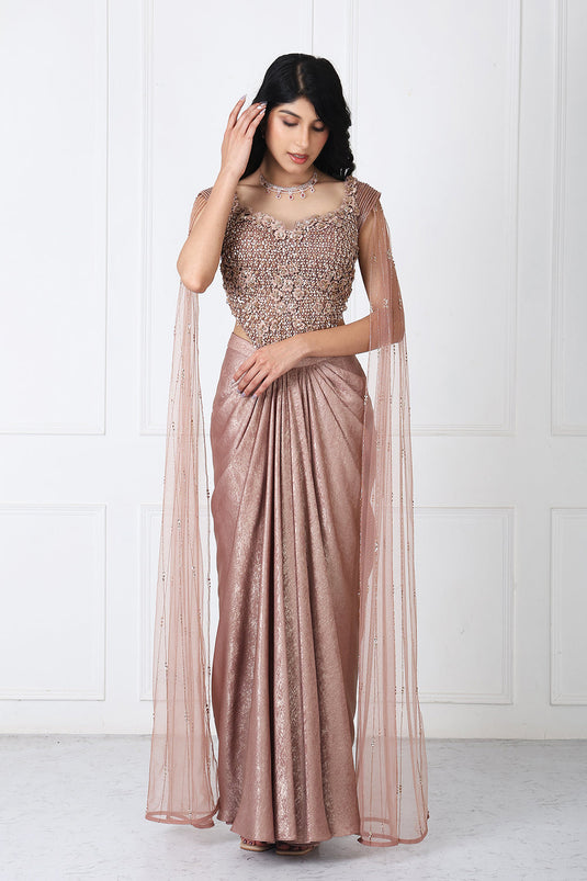 Brown Tessal Embroidered Corset With Drape Skirt