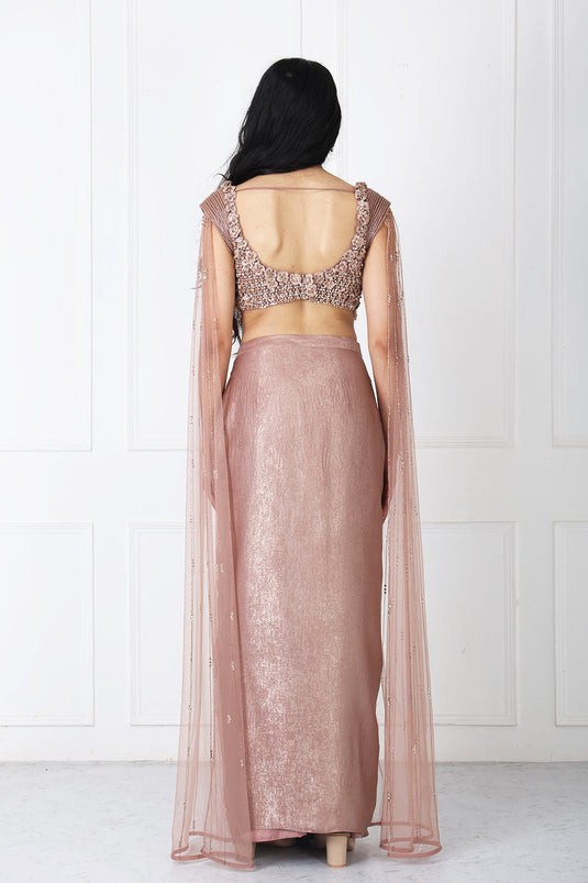 Brown Tessal Embroidered Corset With Drape Skirt