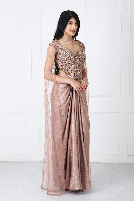 Brown Tessal Embroidered Corset With Drape Skirt