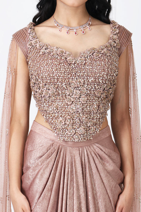 Brown Tessal Embroidered Corset With Drape Skirt