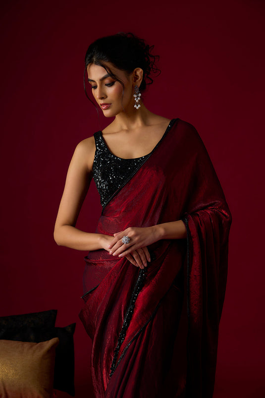Burgundy Tissue Saree Set