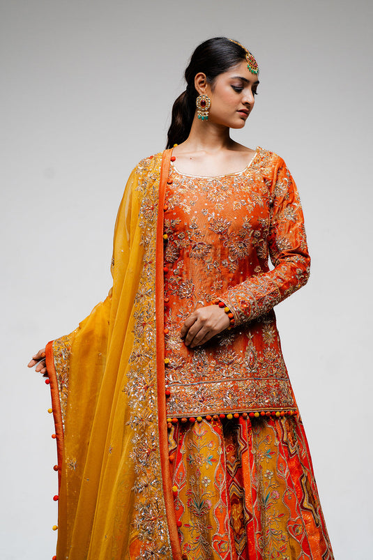 Burnt Orange Lehenga Set with Mustard Dupatta