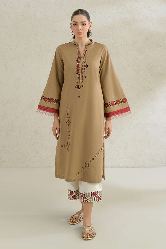 Camel Embroidered Comfort Fit Kurta Set