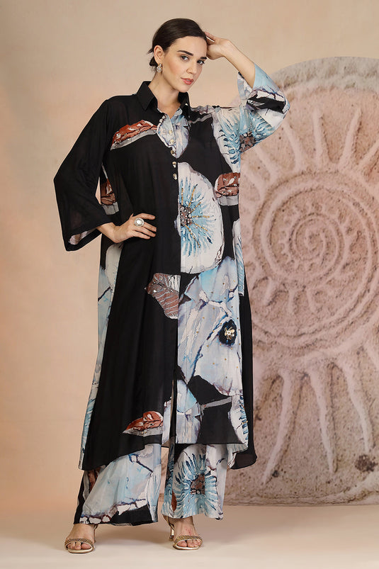 Charcoal Black Muslin Silk Kurta Set with Coral Print & Bead Embroidery
