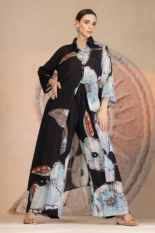 Charcoal Black Muslin Silk Kurta Set with Coral Print & Bead Embroidery