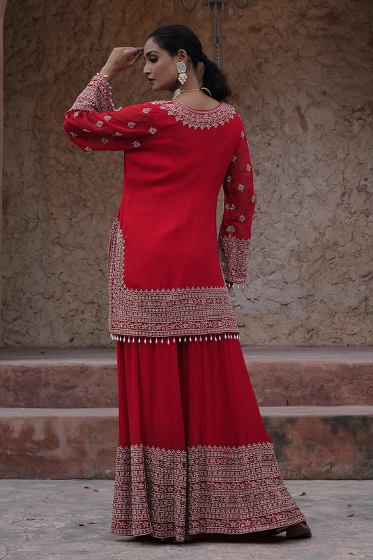 Classic Red Georgette Beads Work Kurta Palazzo Set