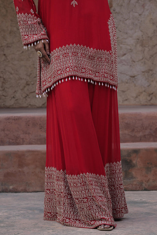 Classic Red Georgette Beads Work Kurta Palazzo Set