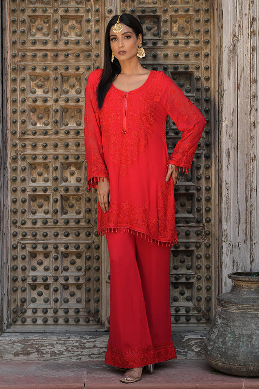 Classic Red Georgette Beads Work Straight Kurta Set