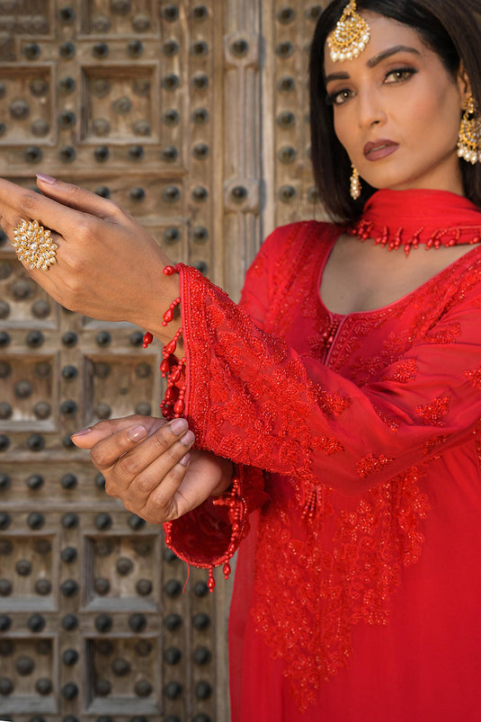Classic Red Georgette Beads Work Straight Kurta Set