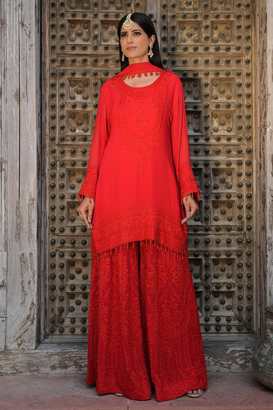 Classic Red Georgette Kurta Sharara Set with Beads Embroidery