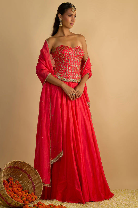 Crimson Blush Silk Chiffon Hand Embroidered Corset with Lehenga and Chitta work Organza Dupatta