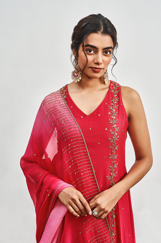 Crimson Red Kalidaar with Crimson Red X Rose Pink Shaded Dupatta