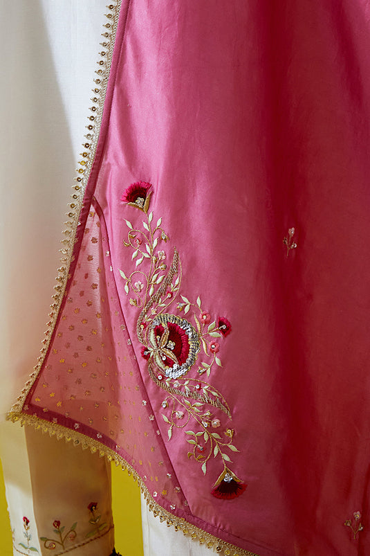 Dark Pink Embroidered dupatta with lace detailing