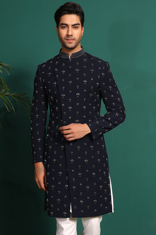 Deep Blue Indowestern handembroidered with stone & Cutdaana details