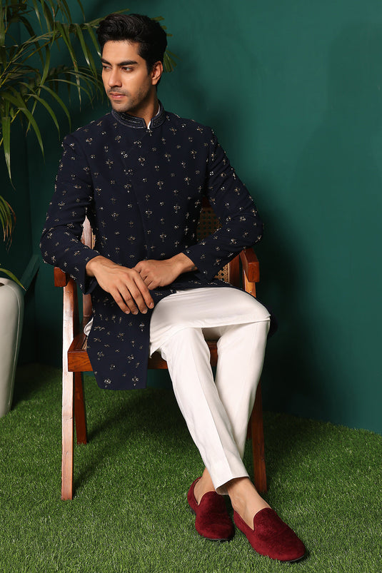 Deep Blue Indowestern handembroidered with stone & Cutdaana details