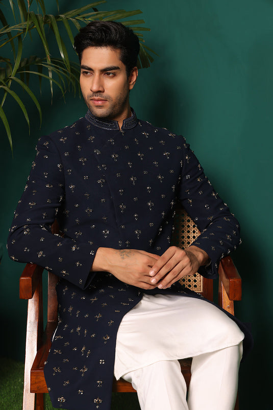 Deep Blue Indowestern handembroidered with stone & Cutdaana details