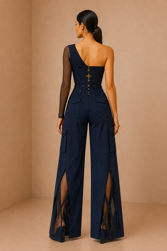 Deep Navy Asymmetric Corset Top & Split Wide-Leg Pants Co-Ord Set