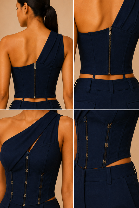 Deep Navy One-Shoulder Corset Top & Wide-Leg Pants Co-Ord Set