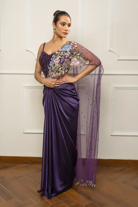 Deep purple drape saree set