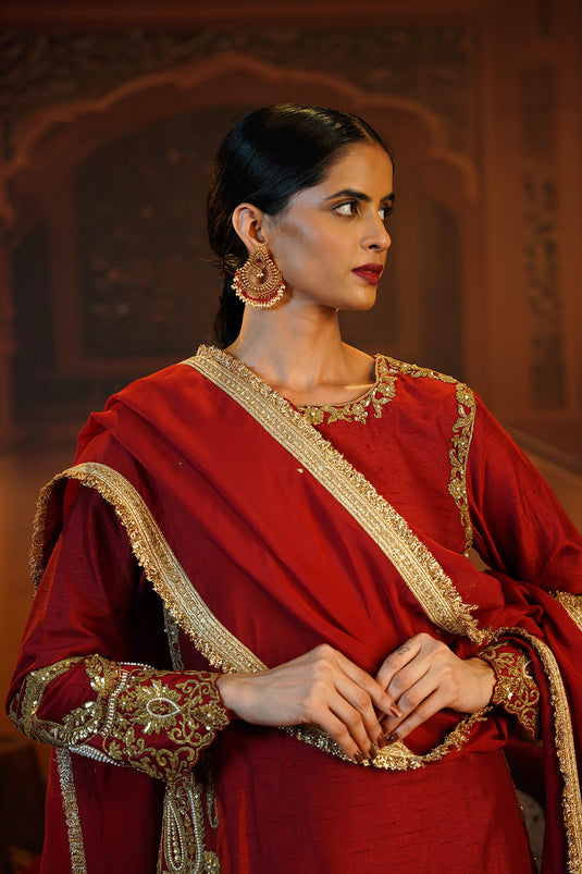 Deep Red Raw Silk Suit Set