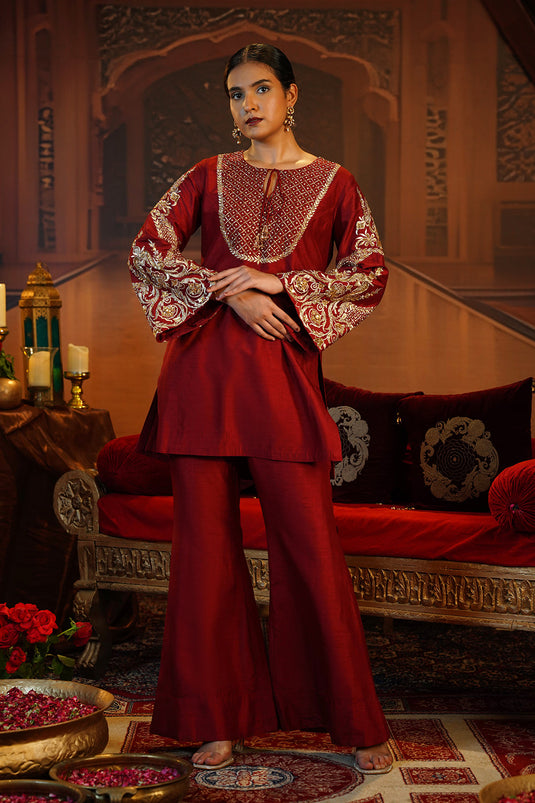 Deep Red Short Kurti Set