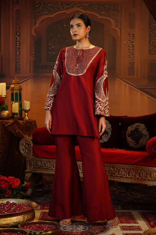 Deep Red Short Kurti Set